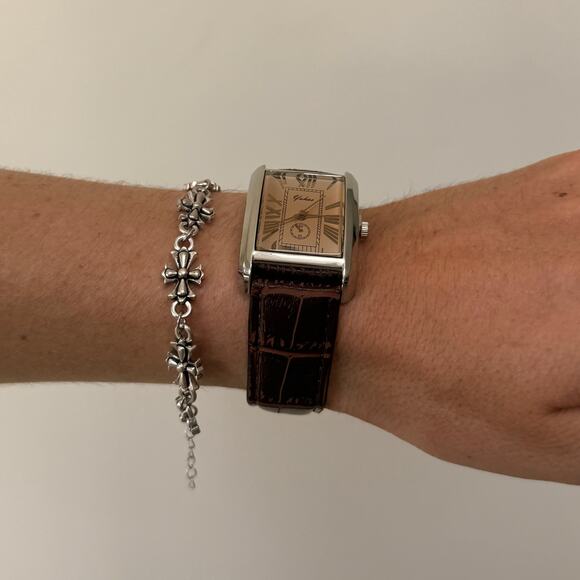 Y2K Silver Brown Leather Quartz Watch with Roman Dial Unisex 8.5" New - Picture 5 of 8